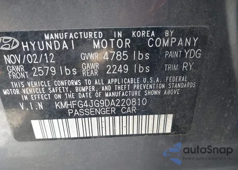 2013 Hyundai Azera из США, поврежденный, VIN KMHFG4JG9DA220810